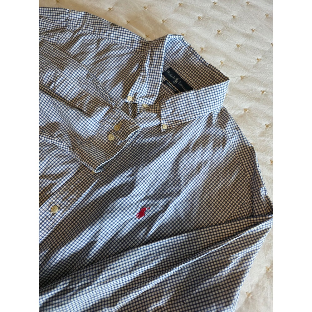 Ralph Lauren Mens Classic Fit Gingham Button Down Shirt Blue White 17 34/35